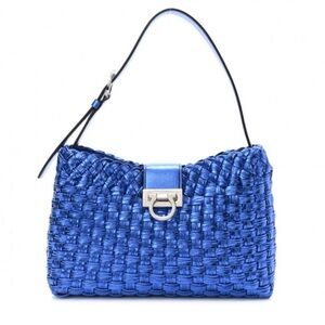 SALVATORE FERRAGAMO 
Metallic Woven Calfskin Trifolio Shoulder Bag Bluette